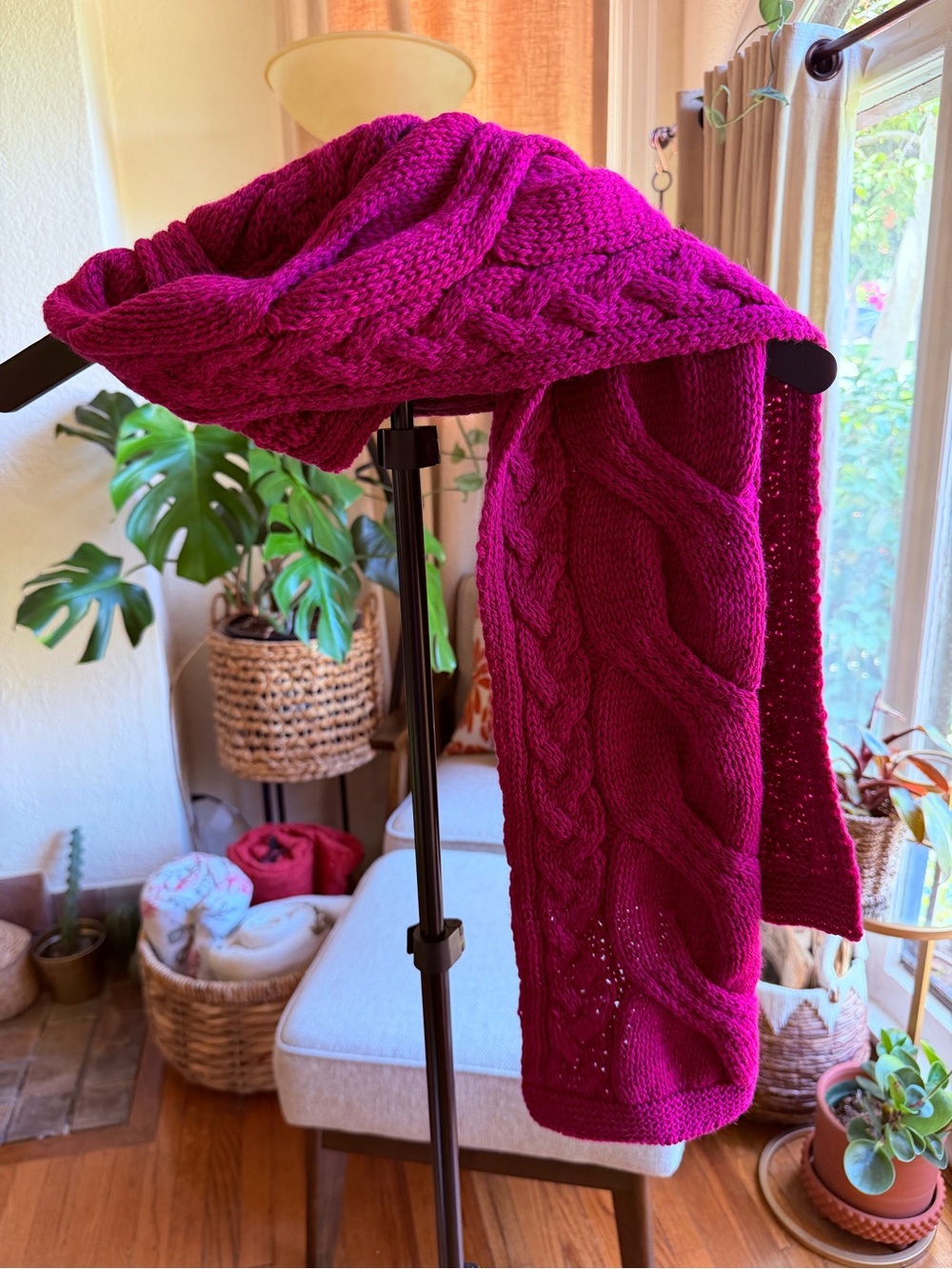 Women's 100% Wool Cable Knit Scarf Sweater - Magenta